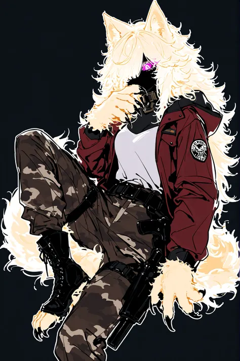 (metacarpal pad, claws, detailed paws, blond paws, xxx667_illu,Canine paws,) The blond werewolf girl is a wolf hybrid. She has longest messy fluffy blonde hair with fluffy bangs over one eye, hiding half of her face. She has a long fluffy blonde wolf tai...