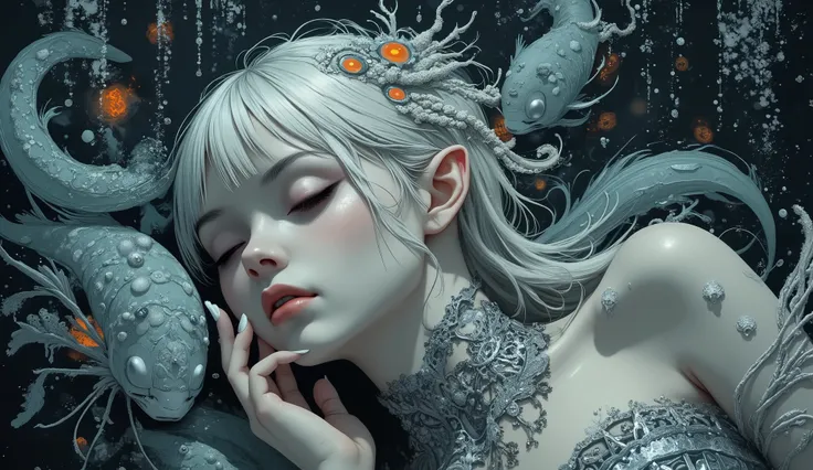 (A fusion of Ukiyo-e and dark fantasy. Aesthetic and gothic digital art. Draw a detailed face.) BREAK
(White hair. Blunt bangs. White eyebrows. Long white eyelashes. Almond-shaped eyes. Closed eyes. Thick, dark eyeliner. Small pink lips. Slightly pointed ...