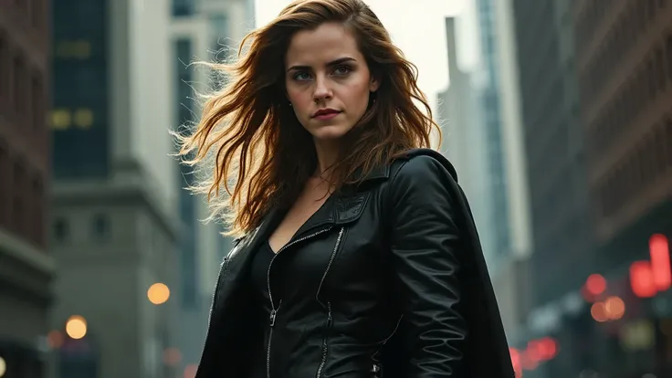 The image features Kristen Stewart as a leather-dressed superheroine, exuding a fierce and confident aura. She stands in a dynamic pose, showcasing a sleek black leather suit that hugs her form, accentuating her athletic build. The composition is striking,...