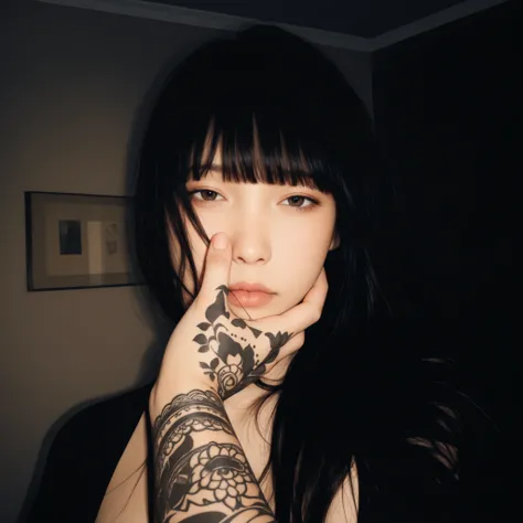 a woman with long, dark hair, partially illuminated by a soft light, It rests on a warm and dimly lit interior background. Her right arm is decorated with intricate tattoos with elaborate designs, that includes figurative elements and abstract forms, that ...