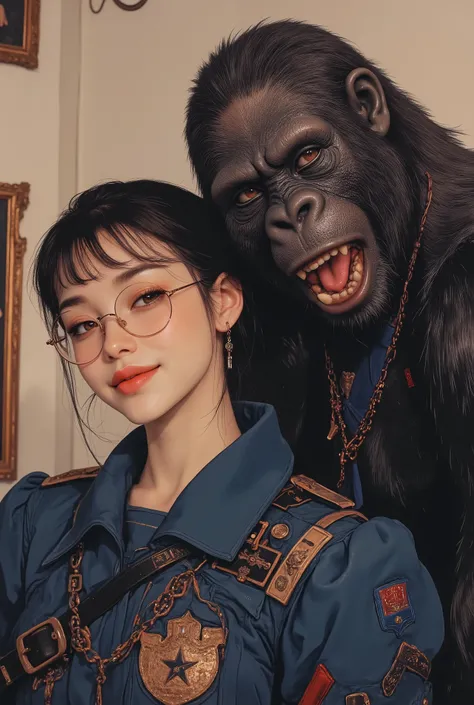 selfie、Oriental beauty with bangs and short black bob wearing stylish glasses and a gorilla are looking at us with a smile、wearing a blue rococo combat uniform