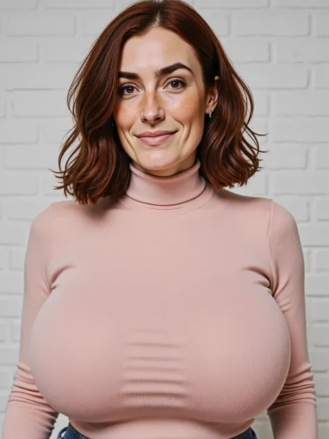 Photorealistic close-up picture of Margaret wearing a ribbed light pink turtleneck sweater. Large breasts. Long bob hairstyle. White wallpaper background.