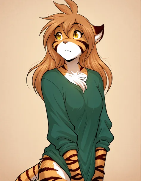 bellbellasartiststyleil,, masterpiece, best quality, very aesthetic, 1girl,, furry, solo, flora-twokinds, flora_twokinds,, tiger, striped fur, keidran, yellow eyes, anthro,, green shirt