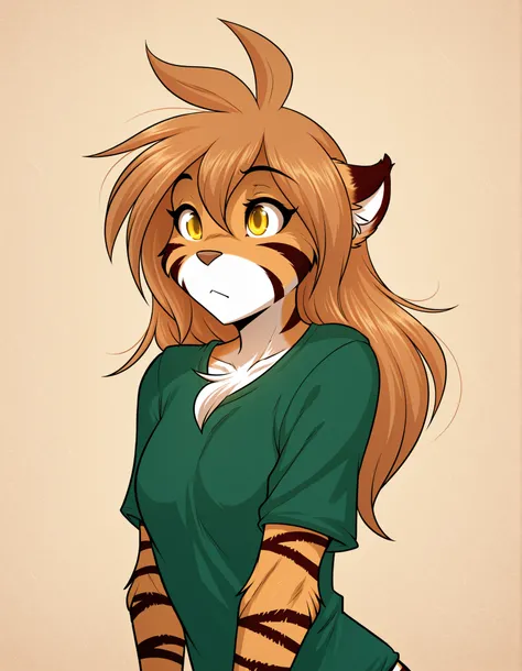 bellbellasartiststyleil,, masterpiece, best quality, very aesthetic, 1girl,, furry, solo, flora-twokinds, flora_twokinds,, tiger, striped fur, keidran, yellow eyes, anthro,, green shirt