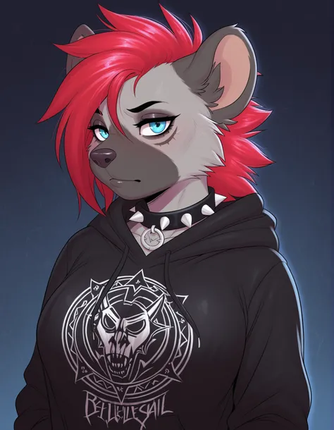 bellbellasartiststyleil,, 1girl, solo, anthro hyena, furry, furry female, blue eyes, punk, grey fur, black hoodie, breast, spike collar, red hair,