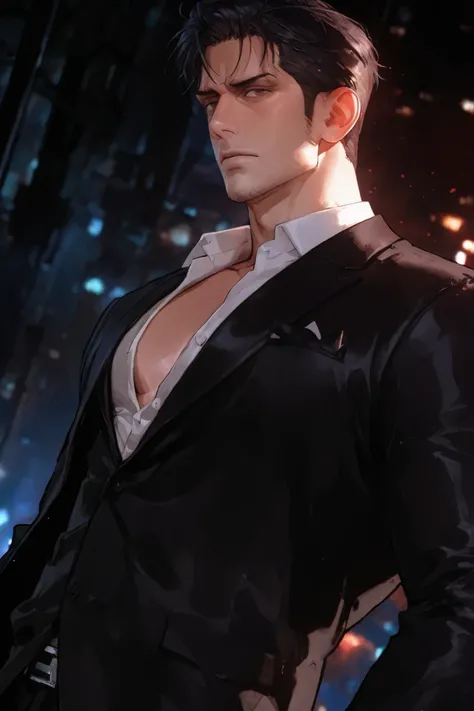 handsome adult male with head hit, A man in his 40s , Mature impression , Black Suit Jacket, Gangster , dark background, dynamic angle , Unbuttoned shirt, Sexy cool guy, Solo