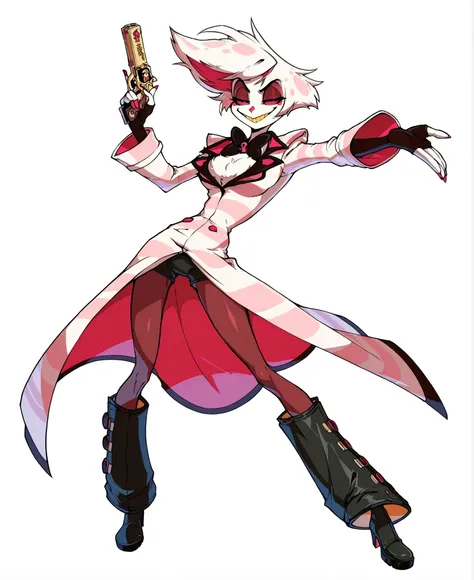 White background, high quality image, source_cartoon, Hazbin Hotel, Angel Dust, 1male, medium breasts, lanky, slim body, smug smile, magenta eyes, white fur, spider femboy, white and pink striped coat, black shorts, black heel boots, golden pistol in hand,...
