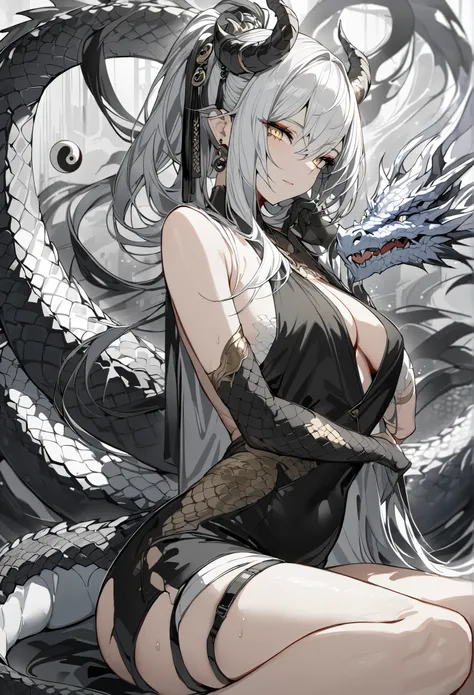 Masterpiece, High quality, Best quality, Live2D, Clear face, modern design, woman, dragon, dragon_hybrid, hair is half white and half black, Bright golden eyes, Yin Yang, black and white, scales, horns, tail.