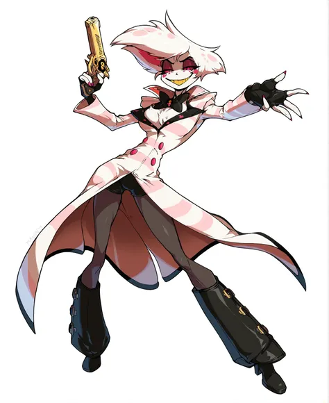 White background, high quality image, source_cartoon, Hazbin Hotel, Angel Dust, 1male, medium breasts, lanky, slim body, smug smile, magenta eyes, white fur, spider femboy, white and pink striped coat, black shorts, black heel boots, golden pistol in hand,...