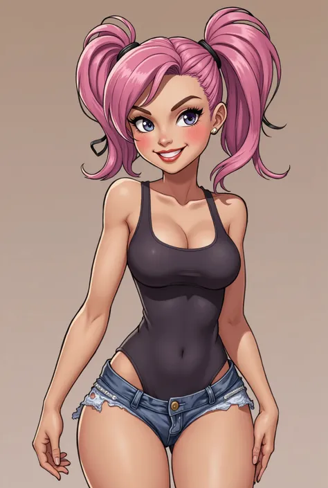 Amelia 'Engie' Flais, cute and deadly, high pigtails, mischievous smile, fitted engineering leotard, cheerful and chaotic, vibrant colours, stylish and nimble, tough, beautiful, shorts, tank top, standing, blank background