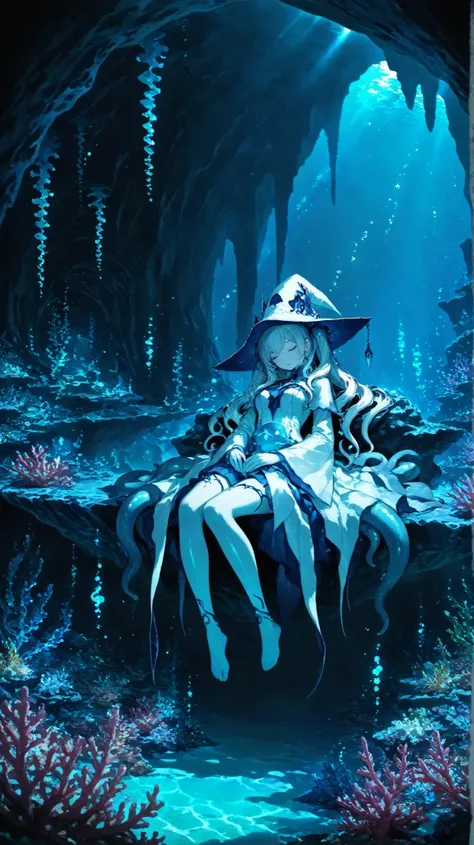 Super High Quality, Perfect Finish, RAW pictures, Deep Sea Wizard, Scylla Girl, pointed hat , Graceful Tentacle Movement, transparent skin, Closed Eyes, peaceful sleeping face, Deep Sea Coral Reef, Floating Seaweed, Magical Particles of Light, Mysterio...