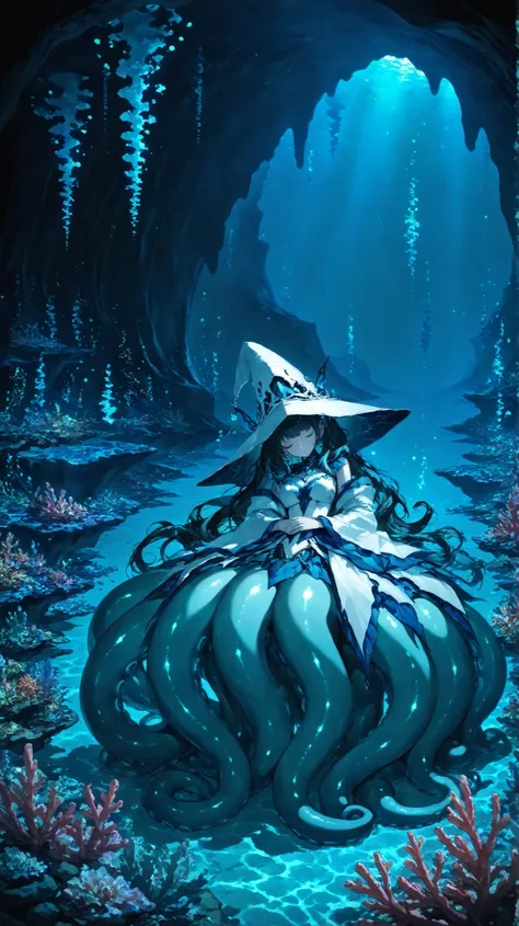 Super High Quality, Perfect Finish, RAW pictures, Deep Sea Wizard, Scylla Girl, pointed hat , Graceful Tentacle Movement, transparent skin, Closed Eyes, peaceful sleeping face, Deep Sea Coral Reef, Floating Seaweed, Magical Particles of Light, Mysterio...