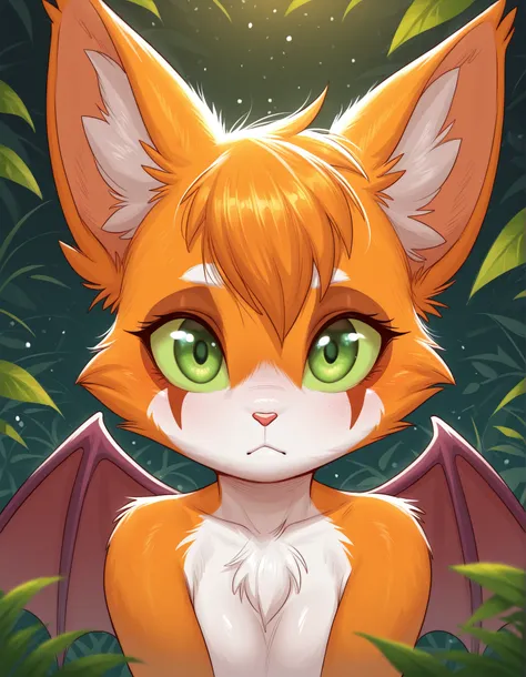 bellbellasartiststyleil,, masterpiece, best quality, very aesthetic, (1girl:0.7),, (solo:1.3), furry, fidget \(elysian tail\), nimbat, fidget_daet, anthro, furry female, wings, tail, green eyes, colored sclera, bat wings, facial markings, orange fur, white...