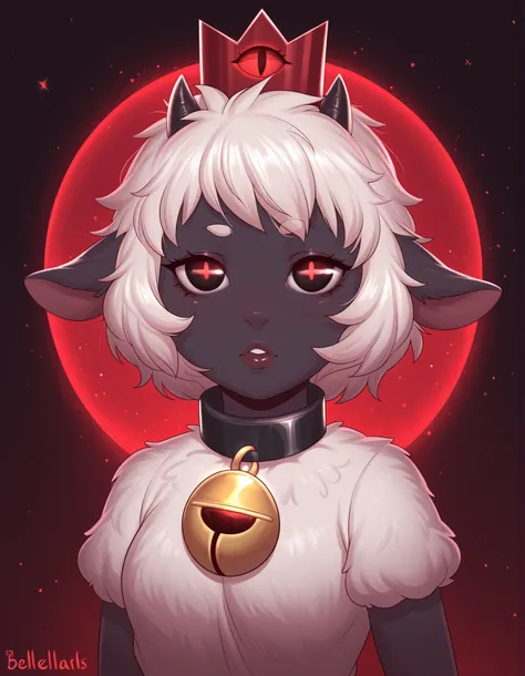 bellbellasartiststyleil,, masterpiece, best quality, very aesthetic, 1girl, solo, cult of the lamb, sheep girl, collar, horizontal pupils, red/black eyes, red crown,