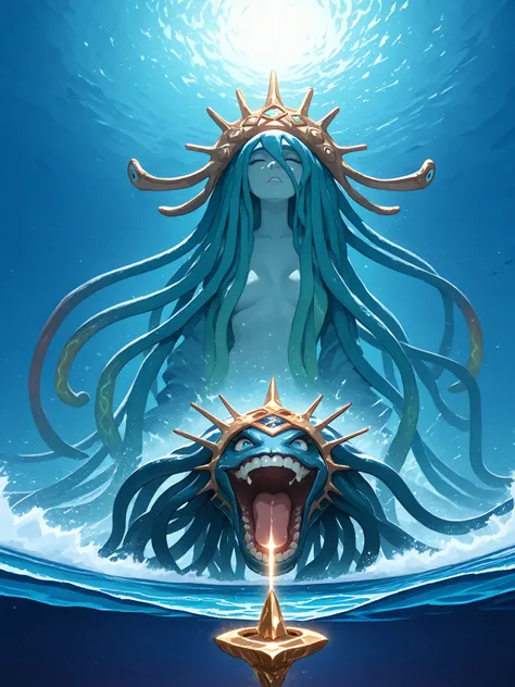 ((( blue and gold ))), Using only these two colors, Create the Sleeping Kraken, a giant sea monster from Norwegian legends, at the bottom of the sea, radiating power, power, harmony , intensity and immeasurable quality of art