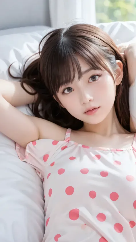 masterpiece, top quality, girls, (tight nylon pajamas), Polka dot pattern, cute, summer, bed, Sunshine, anime style, high resolution, Super Detailed、Sleepy face、(tousled hair)