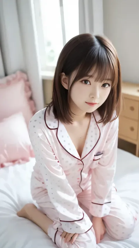 masterpiece, top quality, girls, (tight nylon pajamas), Polka dot pattern, cute, summer, bed, Sunshine, anime style, high resolution, Super Detailed、Sleepy face、(tousled hair)、(Detailed Handshake:1.3, Perfectly Right Hands:1.3)
