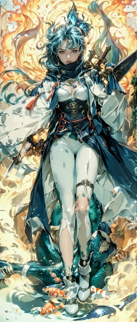 wears a fantasy robe made of black and light blue fish scales、anime mermaid with a dagger, The jade-colored burning, Standing in the ruins, CLEAN AND DETAILED ANIMATED ART, Influenced by Kano Hogai, she has a sword, wears a dagger and a light blue mermaid ...