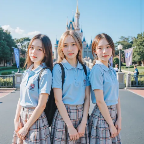 beautiful Japanese high school girl、Natural Lighting、Different Hairstyles、 Different Hair Colors 、Different Faces、Different nationalities、Same high school uniform 、uniforms of the same color、Smiling for the camera、In front of Cinderella Castle at Tokyo Dis...