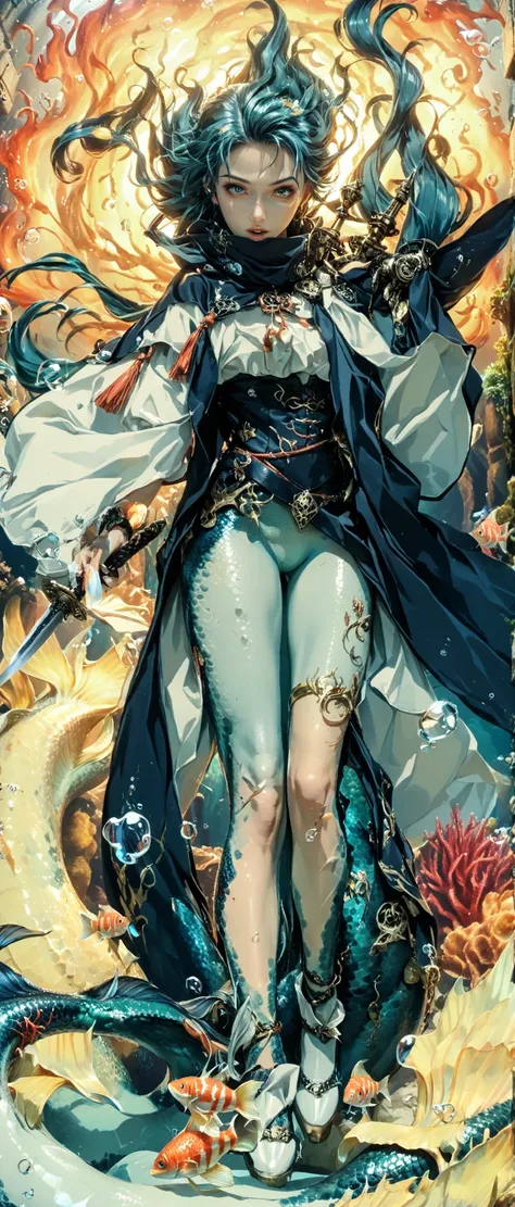wears a fantasy robe made of black and light blue fish scales、anime mermaid with a dagger, The jade-colored burning, Standing in the ruins, CLEAN AND DETAILED ANIMATED ART, Influenced by Kano Hogai, she has a sword, wears a dagger and a light blue mermaid ...