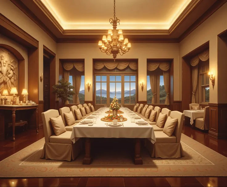 European and American retro villa restaurant，family size restaurant，Bright and cozy， Low-key luxury。Empty， no one。long dining table，Dinner is placed on the table，night