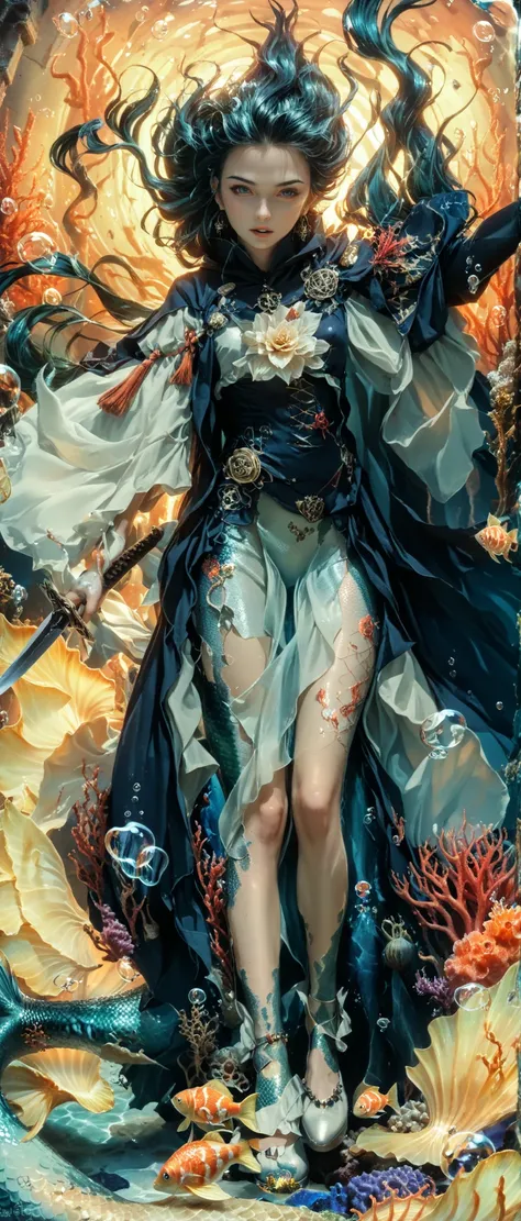 wears a fantasy robe made of black and light blue fish scales、anime mermaid with a dagger, jade-colored flowing water motif background, Standing in the ruins, CLEAN AND DETAILED ANIMATED ART, Influenced by Kano Hogai, she has a sword, wears a dagger and a ...