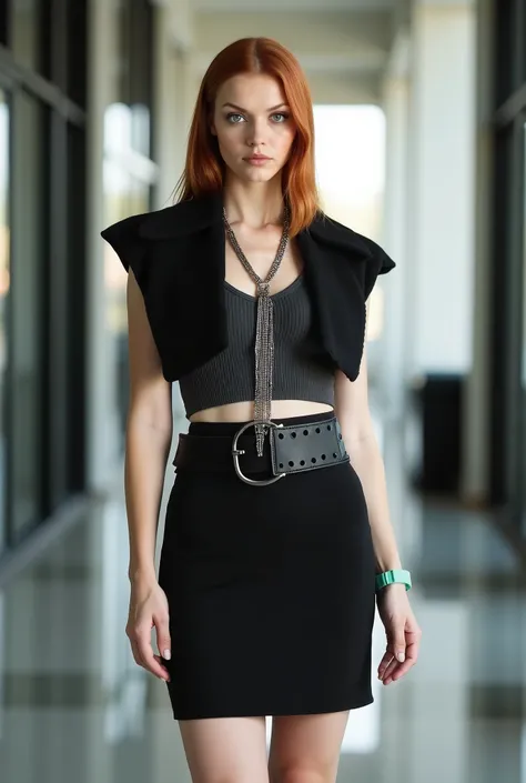 photoreal full body shot of a woman, white european caucasian, pale skin, black eyeliner, blue eyes, dyed copper red hair, shoulder-length sleek hair smooth with soft sidepart, 
wearing a structured black short cropped bolero vest made of rough felt with a...