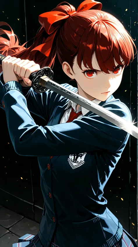 masterpiece,Rich color ,cinematic lighting,1girl,throw,Holding Japanese sword,slay with one sword:1.5,The sword flashes:1.2,dynamic pose,school uniform:1.3, medium chest, Red Eyes, red hair, high ponytail,red hair bow:1.7,Serious Expression,Naval School Ca...