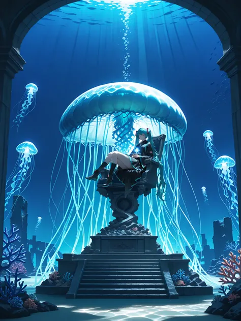 1 maiden,hatsune miku,
aquamarine eyes, beautiful eyes, aquamarine double tails, shiny hair, without makeup., detailed face,
witch, meditating in the throne room of an underwater castle,
closed eyes, peaceful facial expression,
lying on a coral throne,
p...