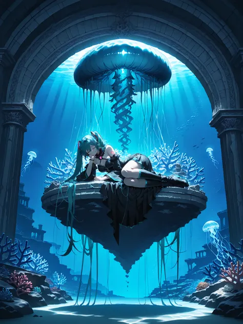 1 maiden,hatsune miku,
aquamarine eyes, beautiful eyes, aquamarine double tails, shiny hair, without makeup., detailed face,
witch, meditating in the throne room of an underwater castle,
closed eyes, peaceful facial expression,
lying on a coral throne,
p...