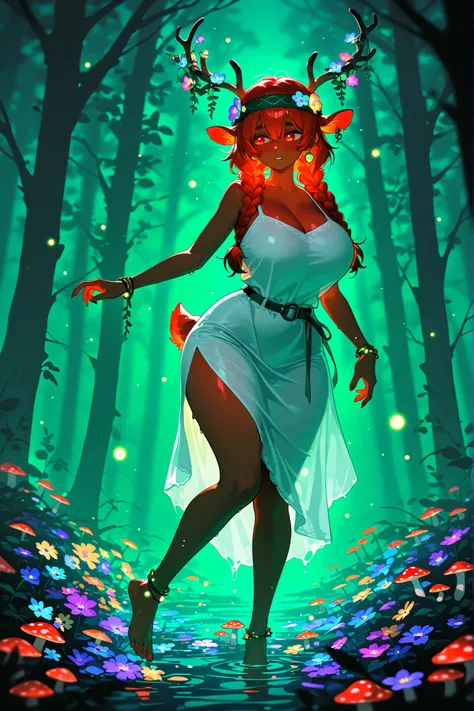 a female dryad. She is tall, has huge breasts, wide hips and long legs. Red eyes. She has tanned skin covered with freckles. She has longest ginger-red kinky hair,some strands of hair are braided into sparse braids. She has deer ears and a deer tail. On he...