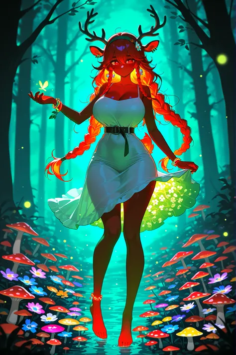 a female dryad. She is tall, has huge breasts, wide hips and long legs. Red eyes. She has tanned skin covered with freckles. She has longest ginger-red kinky hair,some strands of hair are braided into sparse braids. She has deer ears and a deer tail. On he...