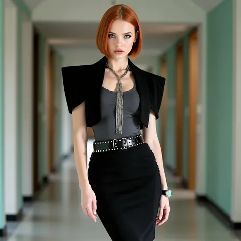photoreal full body shot of a woman, white european caucasian, pale skin, black eyeliner, blue eyes, dyed copper red hair, shoulder-length sleek hair smooth with soft sidepart, 
wearing a structured black short cropped bolero vest made of rough felt with a...