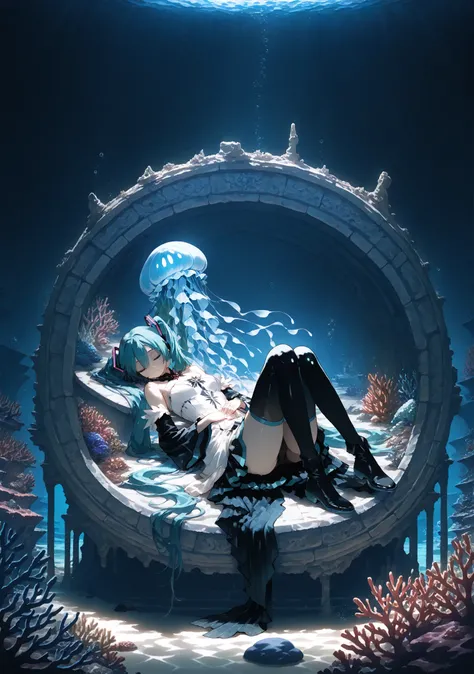 1 maiden,hatsune miku,
aquamarine eyes, beautiful eyes, aquamarine double tails, shiny hair, without makeup., detailed face,
witch, meditating in the throne room of an underwater castle,
closed eyes, peaceful facial expression,
lying on a coral throne,
p...