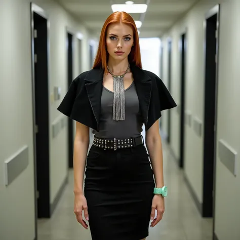 photoreal full body shot of a woman, white european caucasian, pale skin, black eyeliner, blue eyes, dyed copper red hair, shoulder-length sleek hair smooth with soft sidepart, 
wearing a structured black short cropped bolero vest made of rough felt with a...