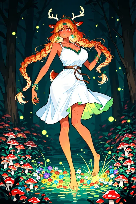 a female dryad. She is tall, has huge breasts, wide hips and long legs. Red eyes. She has tanned skin covered with freckles. She has longest ginger-red kinky hair,some strands of hair are braided into sparse braids. She has deer ears and a deer tail. On he...