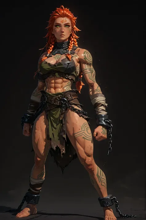 masterpiece, ultra highres, best quality, 1 girl, mature anime style, 3d blender render, cel shading, soft lighting edges, powerful barbarian warrior, proud defiant stance, muscular athletic build, thick curvy figure, strong wide hips, broad shoulders, def...