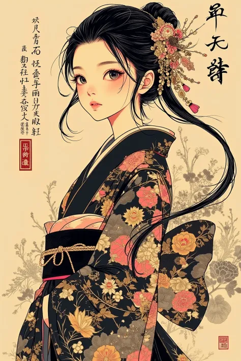 woman in hakama、solo、upper body、anatomically perfect、create light and dark、lowers very long hair、blackい背景に美しい桜、gold detailed decoration、black, gold, and pink ink、ink that creates light and dark、Adjust the tone of the color by boldly changing the concentration of、Exquisite and detailed、top quality、HIGH DEFINITION、masterpiece