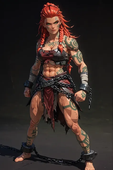 masterpiece, ultra highres, best quality, 1 girl, mature anime style, 3d blender render, cel shading, soft lighting edges, powerful barbarian warrior, proud defiant stance, muscular athletic build, thick curvy figure, strong wide hips, broad shoulders, def...