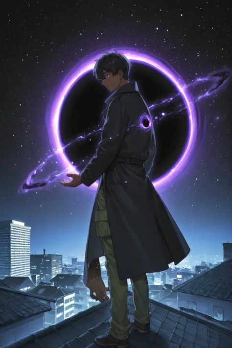{1men}:(a dark-skinned boy, purple eyes, black hair,with an aura of stars looking like constellations, wearing a black coat and cargo pants, holding a black hole in his right hand, as if it were a power, while the other is in his pocket), (rooftop of a bui...