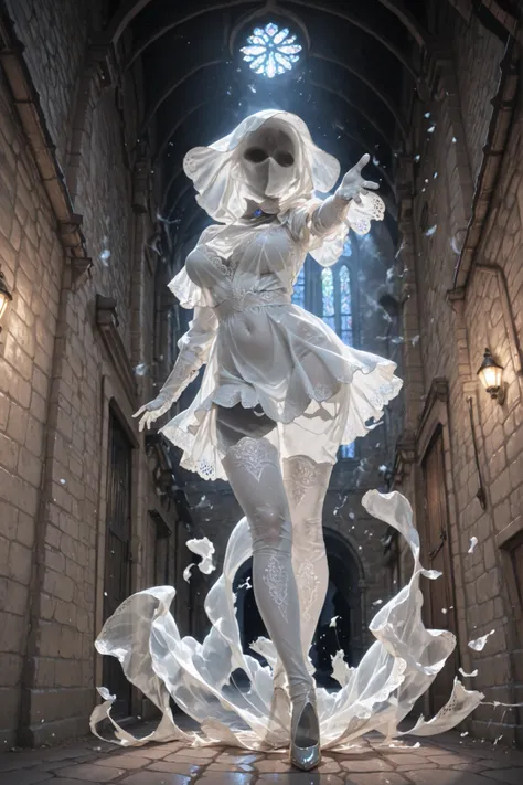dynamic pose, perspective, Extreme Perspective,masterpiece,unbelievably ridiculous,top quality,high resolution,very detailed CG, medieval European cityscapes at night · dynamic lighting,Clear, Invisible person , Ghosts, 1girl, solo, no one, Wear a white a...