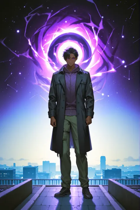 {1men}:(a dark-skinned boy, purple eyes, black hair,with an aura of stars looking like constellations, wearing a black coat and cargo pants, hold a black hole in your right hand, as if it were a power, while the left is in his pocket), (rooftop of a buildi...