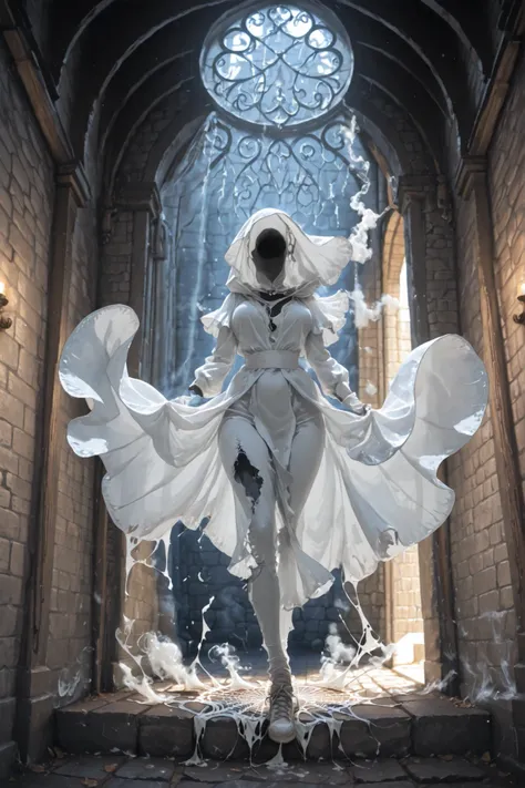 Stone hallway · covered with cobwebs · white smoke integrated with ghosts