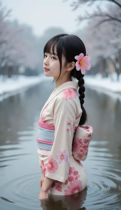 (8k), (best quality), RAW photo, (photo realistic:1.4), very detailed, Very Cute Japanese Girls,(very thin), (Profile of a very short high school girl), ((braids)) , Flower headdress ribbon, looking at viewer, Sad Smile , ((I'm in a deep pond wearing a pa...