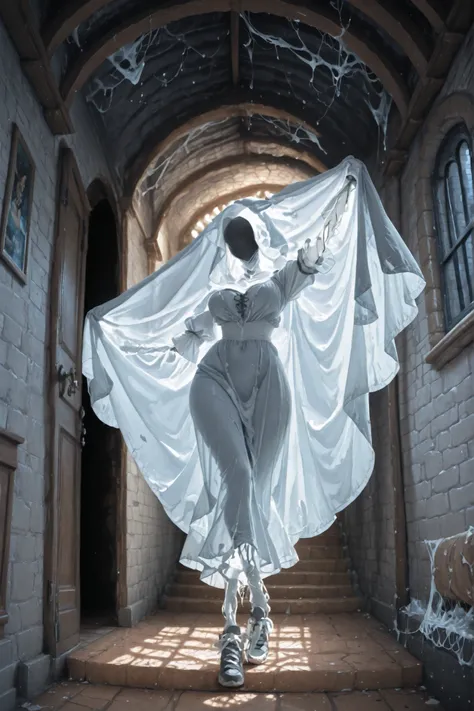 The stone hallway is surrounded by cobwebs