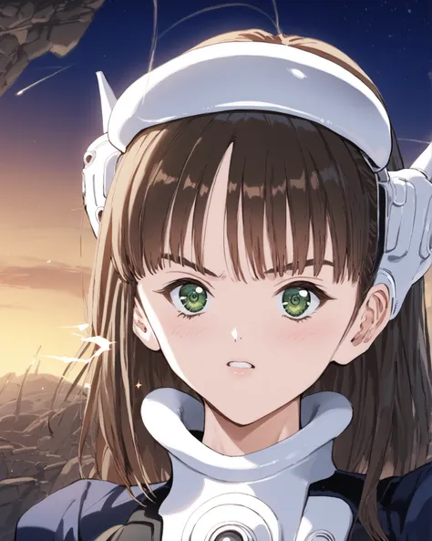 a girl, 17 years old, スコア_4_, ソース_アニメ, スクリーンショット,  per body, headgear2, SparkGirl,1girl,  brown hair, (medium hair), ((Straight Hair)), Hair shine, [Hair volume:0.8], break(Dark Green eyes) break Large eyes, from front, tucked behind one ear, , Athletic bo...