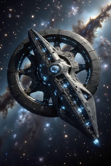 Un immense vaisseau spatial se dirige vers un vortex. Il est en forme de glaive .il a un anneau qui fait le tour de son glaive l'anneau est un immense espace de nature pour les habitants du vaisseau 