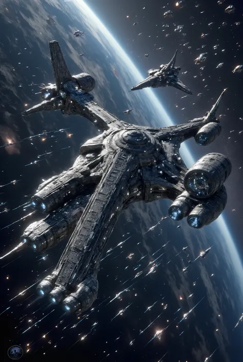 Un immense vaisseau spatial se dirige vers un vortex. Il est en forme de glaive .il a un anneau qui fait le tour de son glaive l'anneau est un immense espace de nature pour les habitants du vaisseau . l'anneau est relié au vaisseau par des passerelles perm...