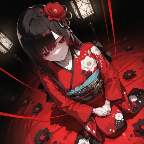 I Emma _Hell Girl , tilts its head , rimless , Heartless Eyes , Red Higan , The Flowers of the Other World are in full bloom , The Black Straw Doll, Made to imitate a human figure, The Red Thread is wrapped , 少女はThe Black Straw Dollを抱き締めている , The girl is w...