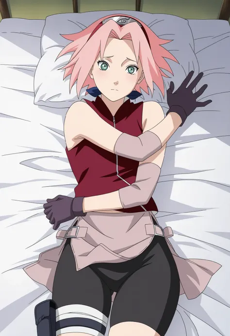 masterpiece, best quality, very detailed, , masterpiece, best quality, eyelashes, (Beautiful Eyes), cowboy shot,, Official anime Illustration, Official artwork, screencap,,1girl, solo, sakura haruno,pink hair, green eyes, short hair, shinobi outfit, gloves...